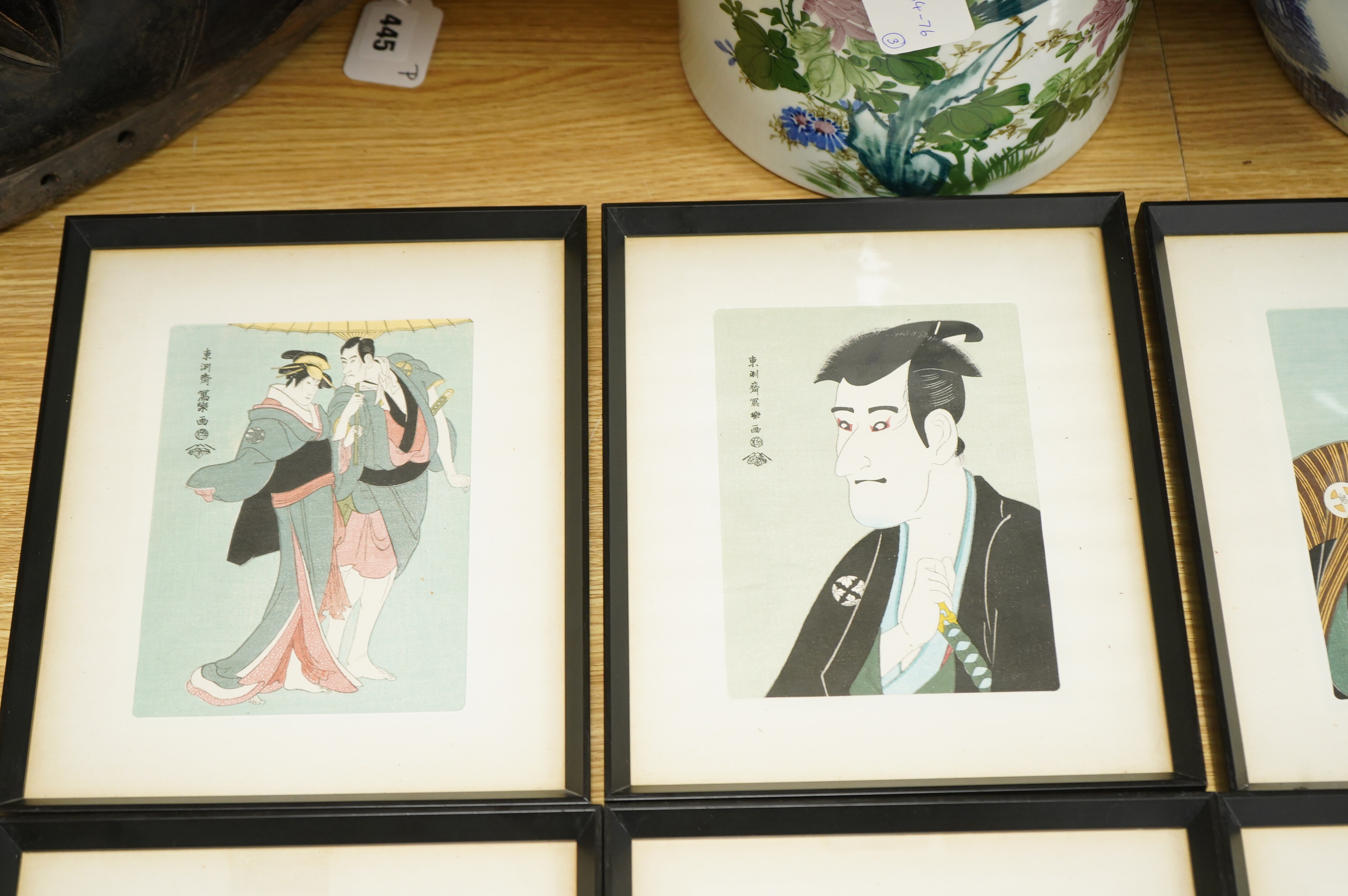 After Toshusai Sharaku (1770-1825), 'Masterpieces by Sharaku', set of six Japanese woodcut prints, 17.5 x 12cm